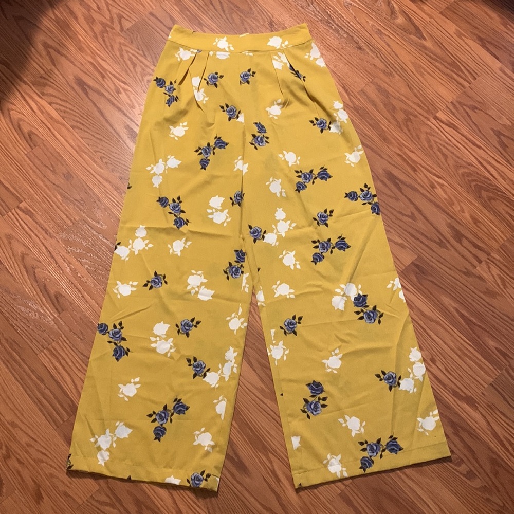 Wide Leg Floral Flowy Yellow Pants